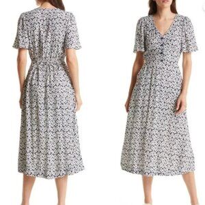 & Other Stories Floral Flutter Sleeve Midi Dress Blue and White US 10